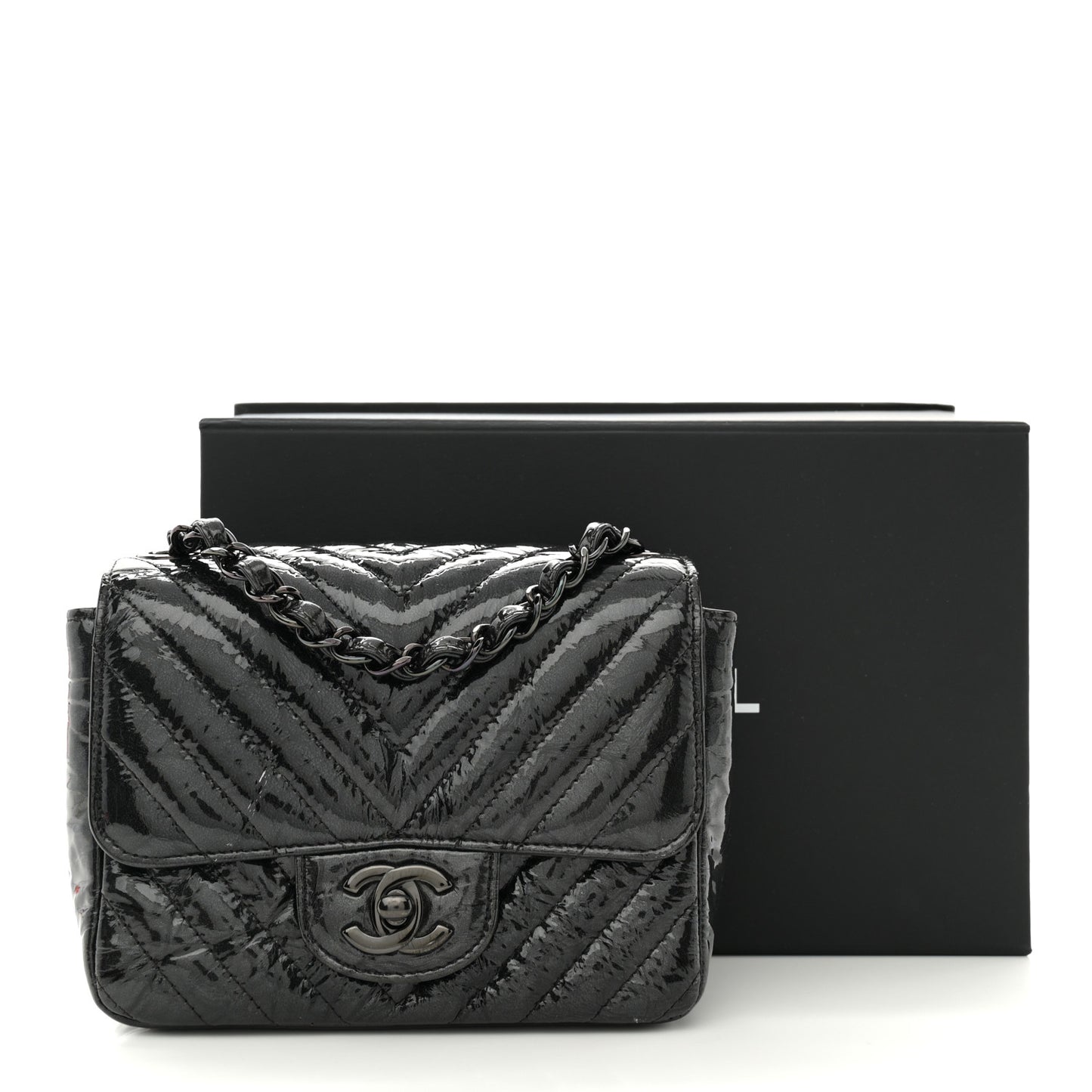 Metallic Patent Crumpled Calfskin Chevron Quilted Mini Square Flap Black