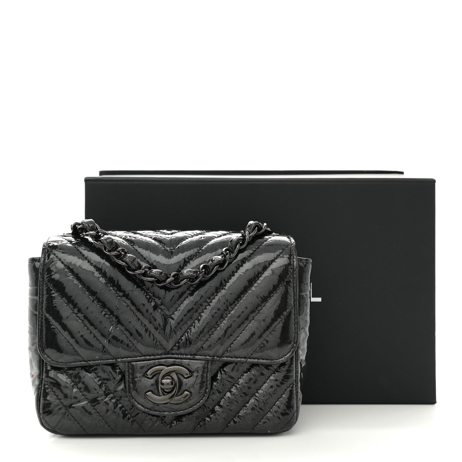 Chanel Metallic Patent Crumpled Calfskin Chevron Quilted Mini Square Flap Black 14 of 14