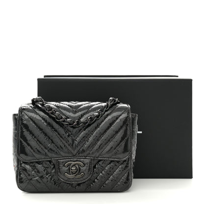 Chanel Metallic Patent Crumpled Calfskin Chevron Quilted Mini Square Flap Black 14 of 14