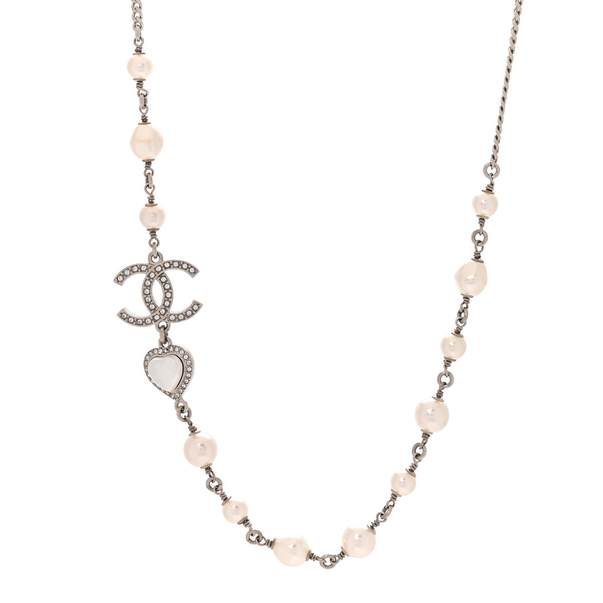 Chanel Crystal Pearl CC Heart Necklace Silver 1 of 5
