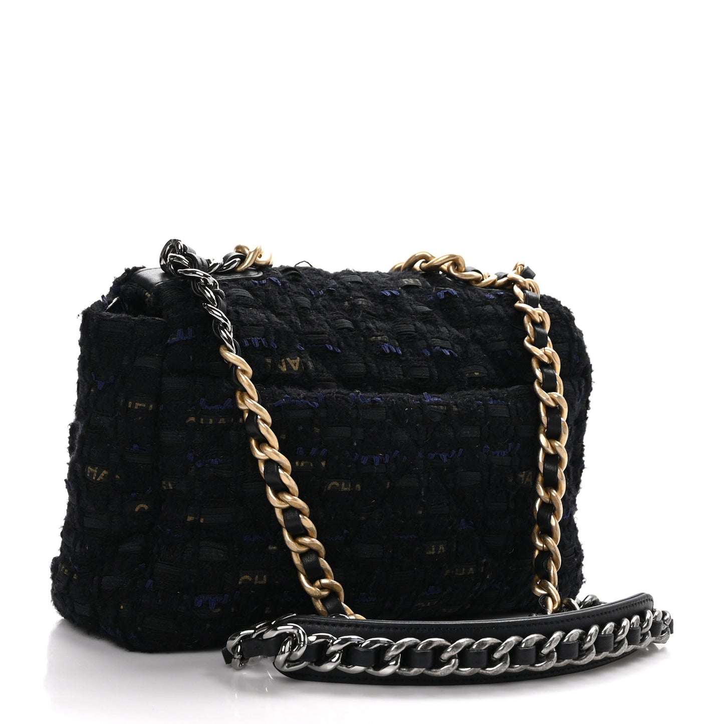 Tweed Quilted Medium Chanel 19 Flap Black Navy Gold