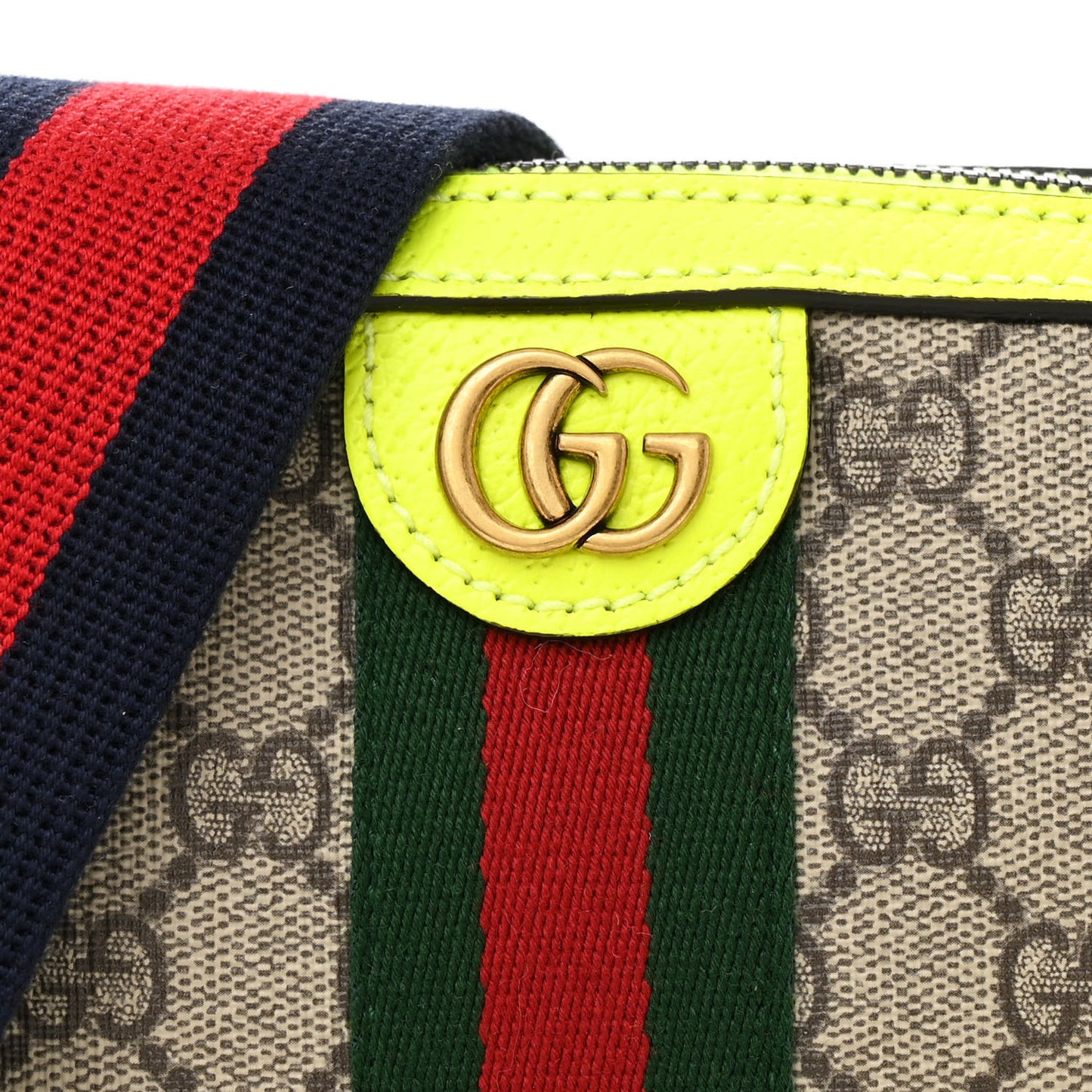 GG Supreme Monogram Textured Dollar Calfskin Web Ophidia Wristlet Shoulder Bag Beige Ebony Fluo Yellow
