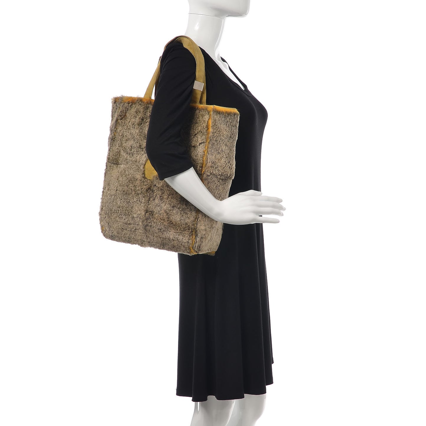 Suede Rabbit Fur Tote with Cosmetic Pouch Yellow