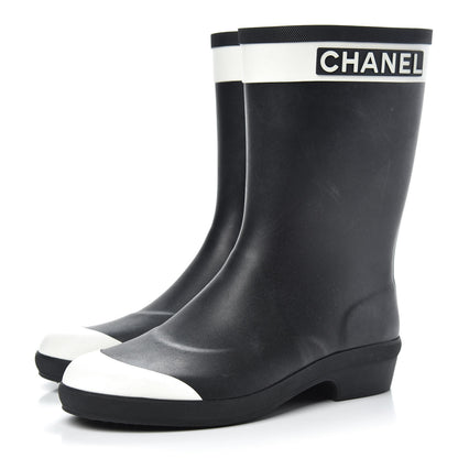 Chanel Rubber Logo Short Rain Boots 40 Black White 3 of 8