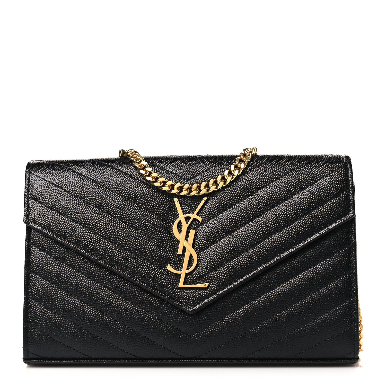 Saint Laurent Grain De Poudre Matelasse Chevron Monogram Chain Wallet Black 1 of 9
