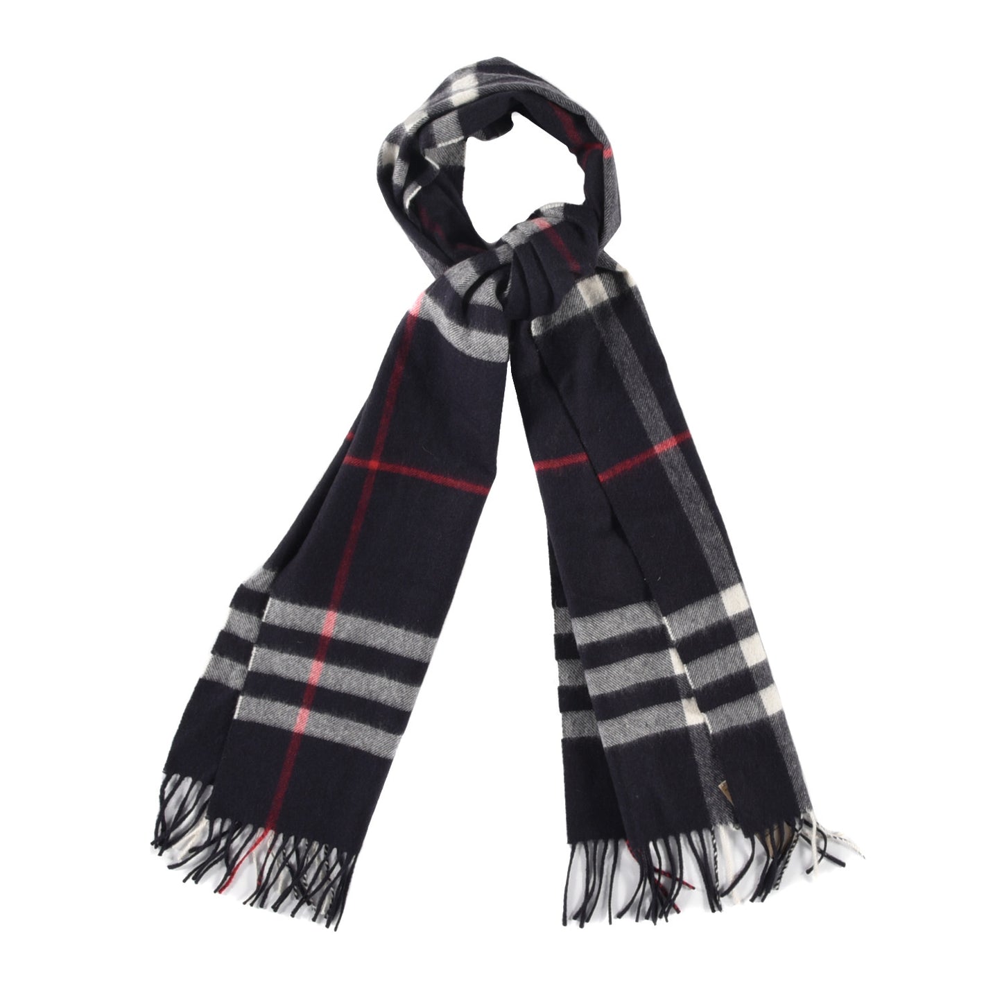 Cashmere Giant Check Fringe Scarf Navy