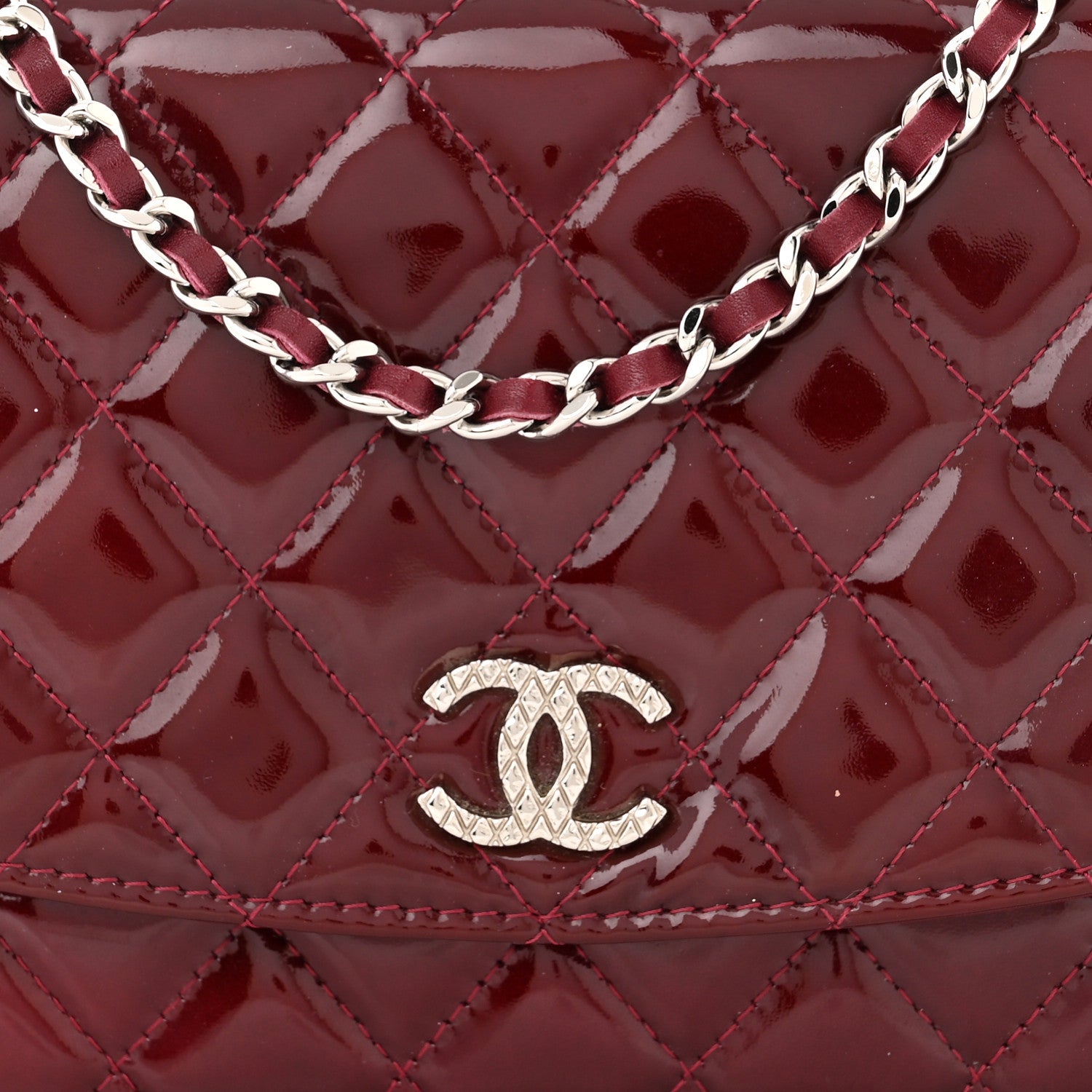 Chanel Patent Quilted Brilliant Wallet On Chain WOC Dark Burgundy 9 of 13