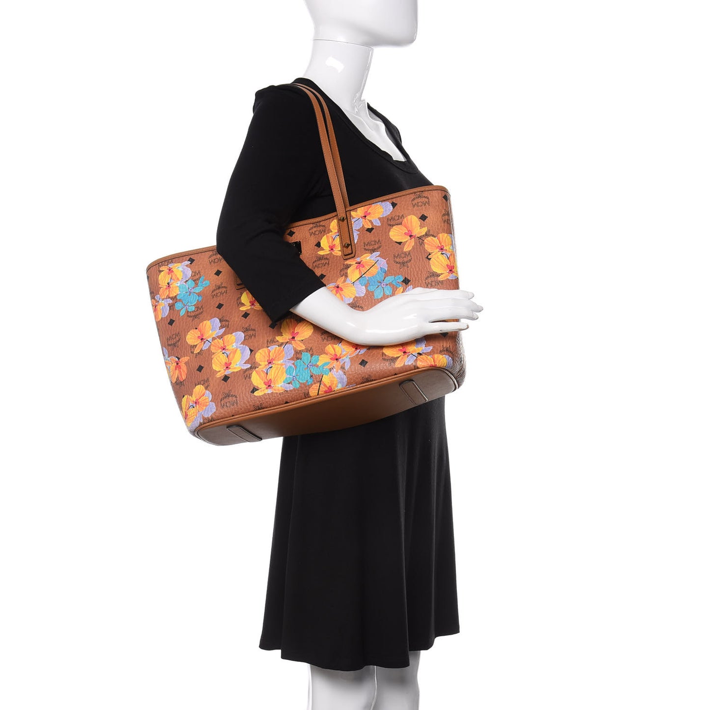 Visetos Floral Print Medium Essential Zip Top Shopper Tote Cognac