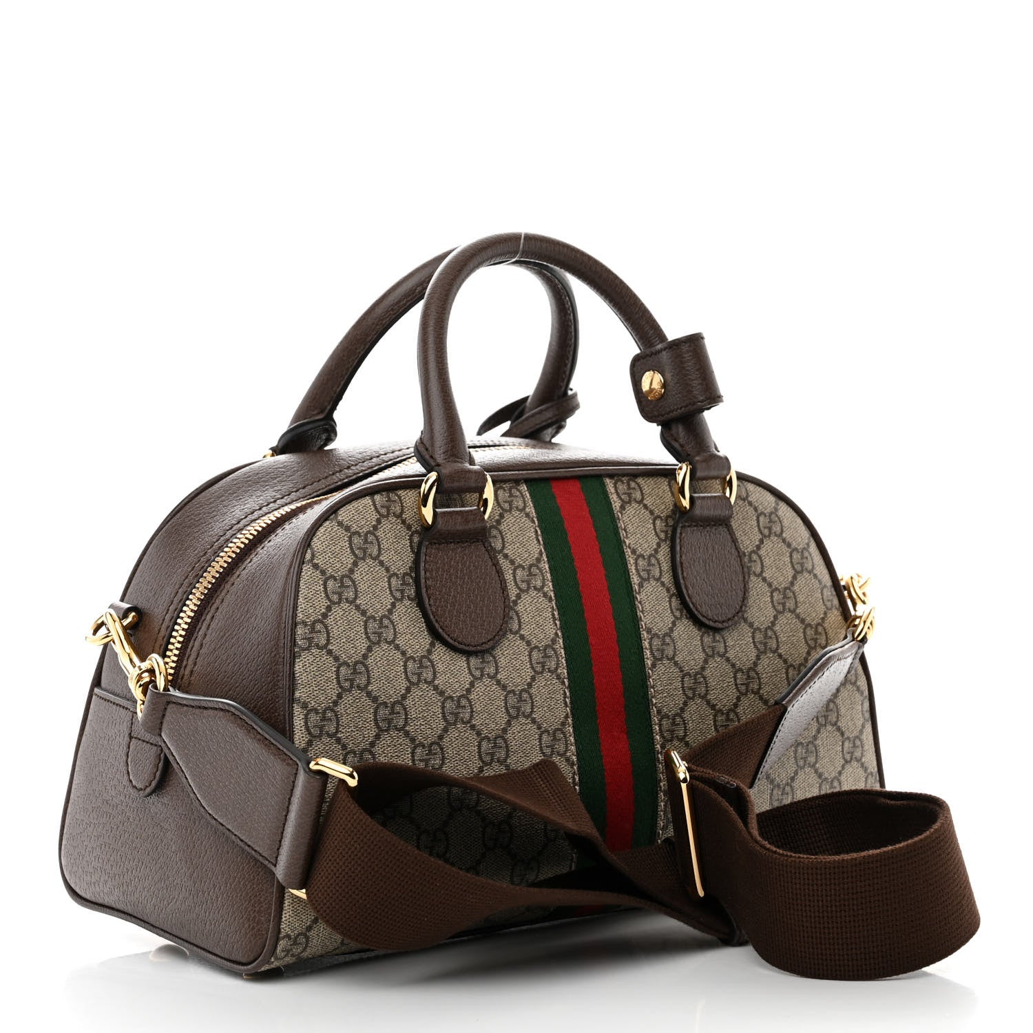 Gucci GG Supreme Monogram Textured Dollar Calfskin Web Medium Ophidia Top Handle Bowler Bag Beige Ebony New Acero 4 of 15