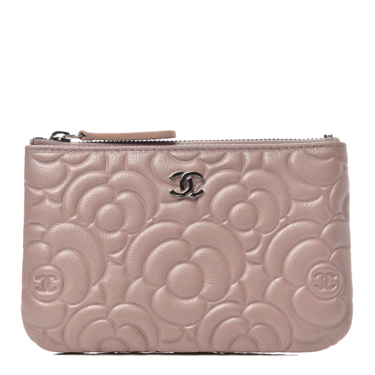 Goatskin Camellia Embossed Cosmetic Pouch Light Pink