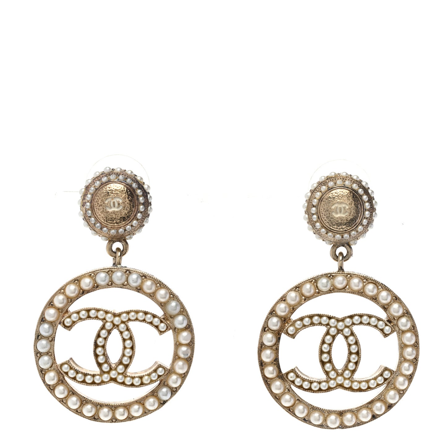 Crystal Pearl Round CC Drop Earrings Gold White