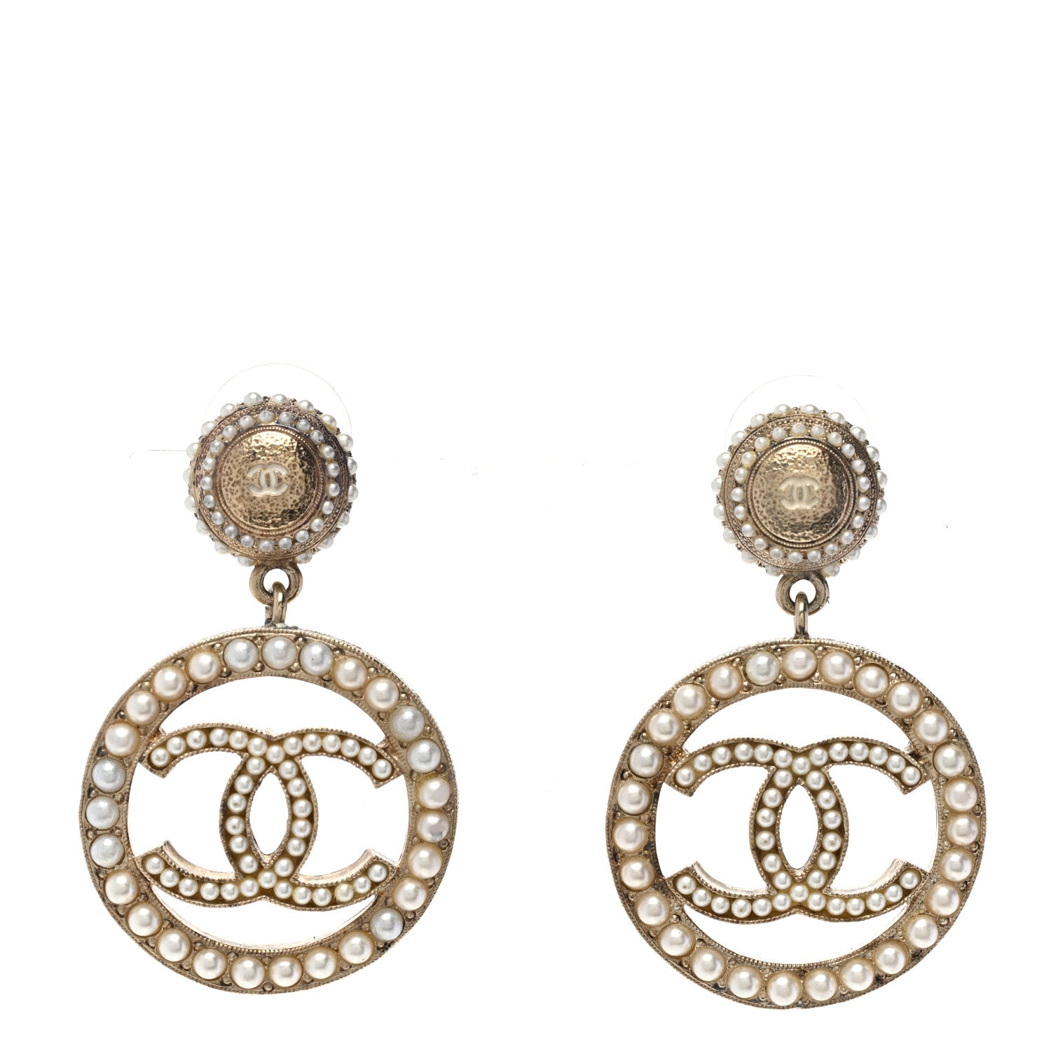Chanel Crystal Pearl Round CC Drop Earrings Gold White 1 of 4