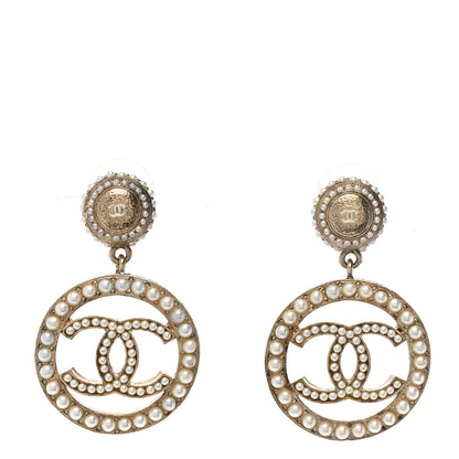 Chanel Crystal Pearl Round CC Drop Earrings Gold White 1 of 4