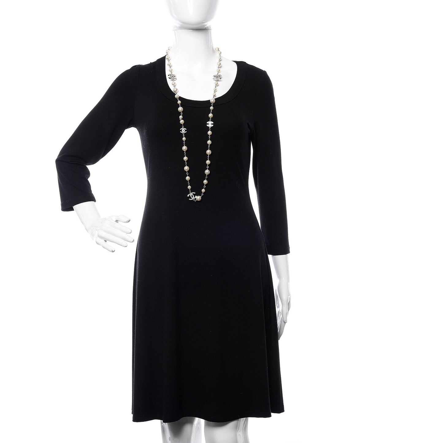Graduated Pearl Crystal CC Long Necklace Silver