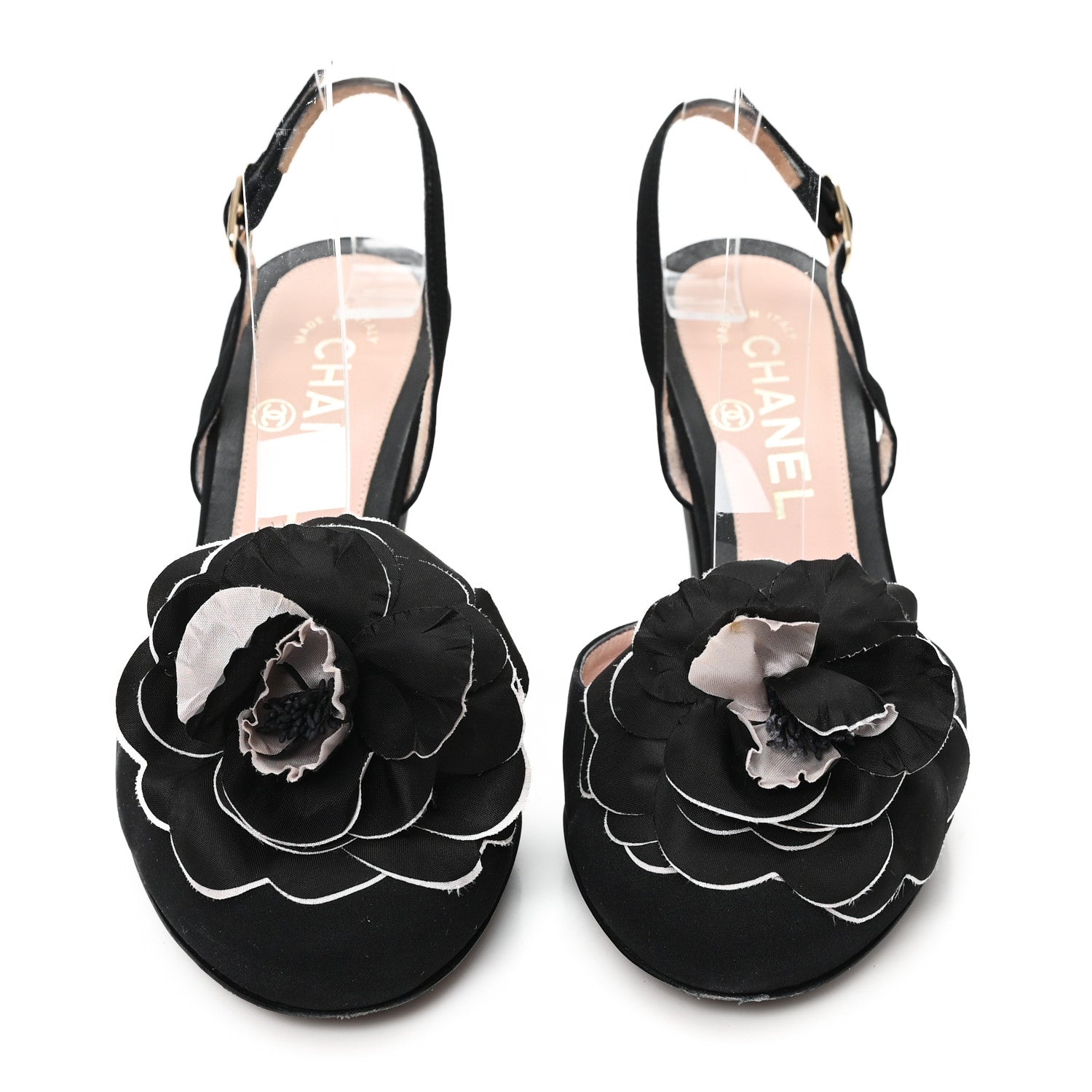 Chanel Satin Camelia Block Heels Sandals 37.5 Black 3 of 11