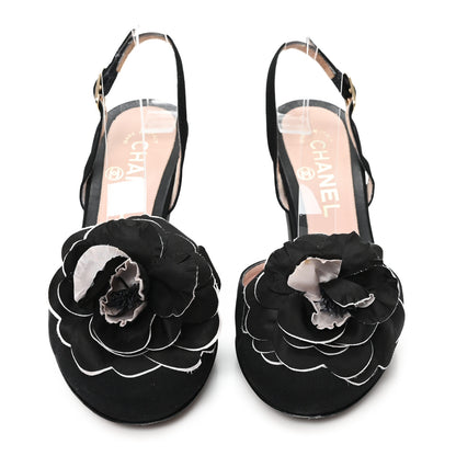 Chanel Satin Camelia Block Heels Sandals 37.5 Black 3 of 11