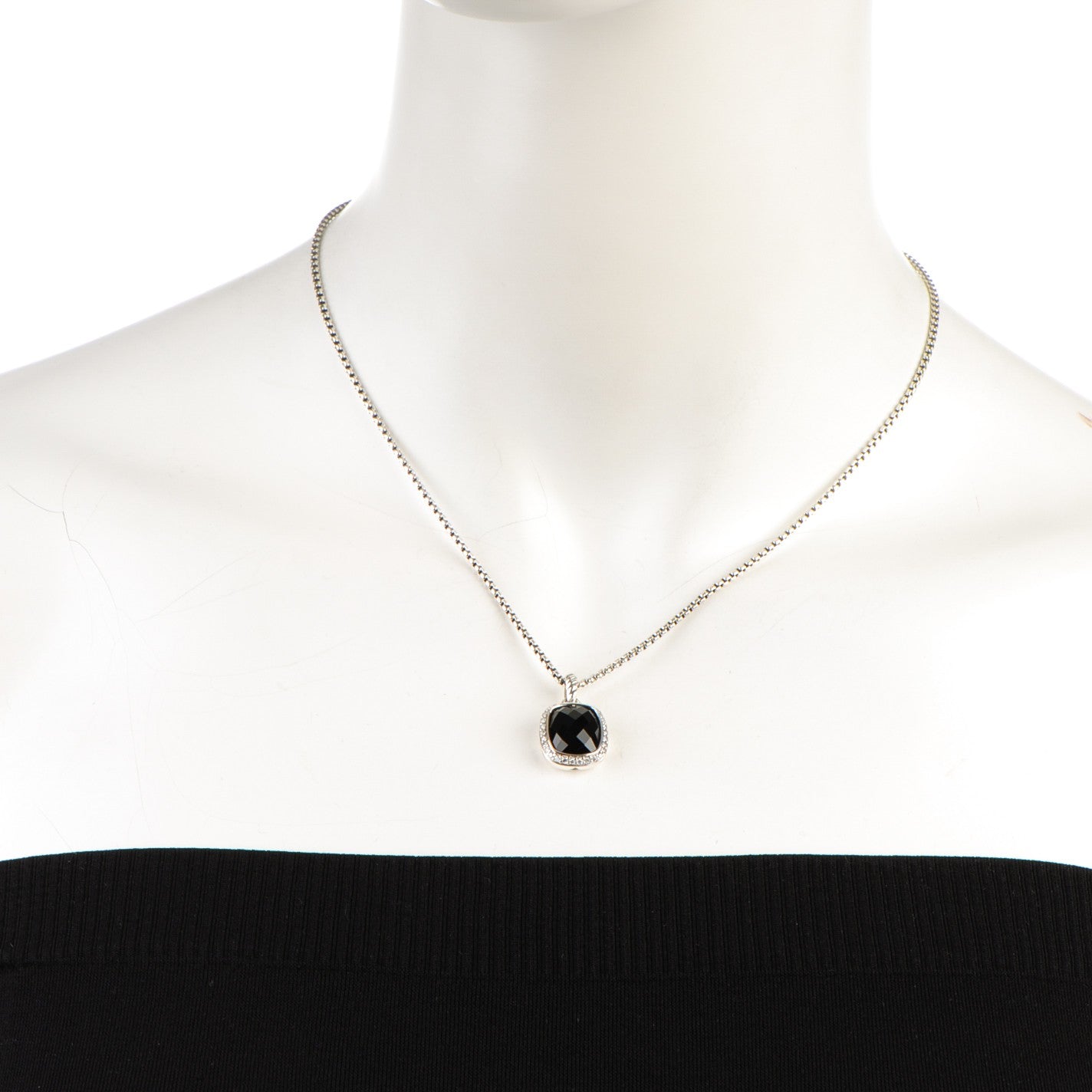 Sterling Silver Diamond Black Onyx 12mm Noblesse Pendant Necklace