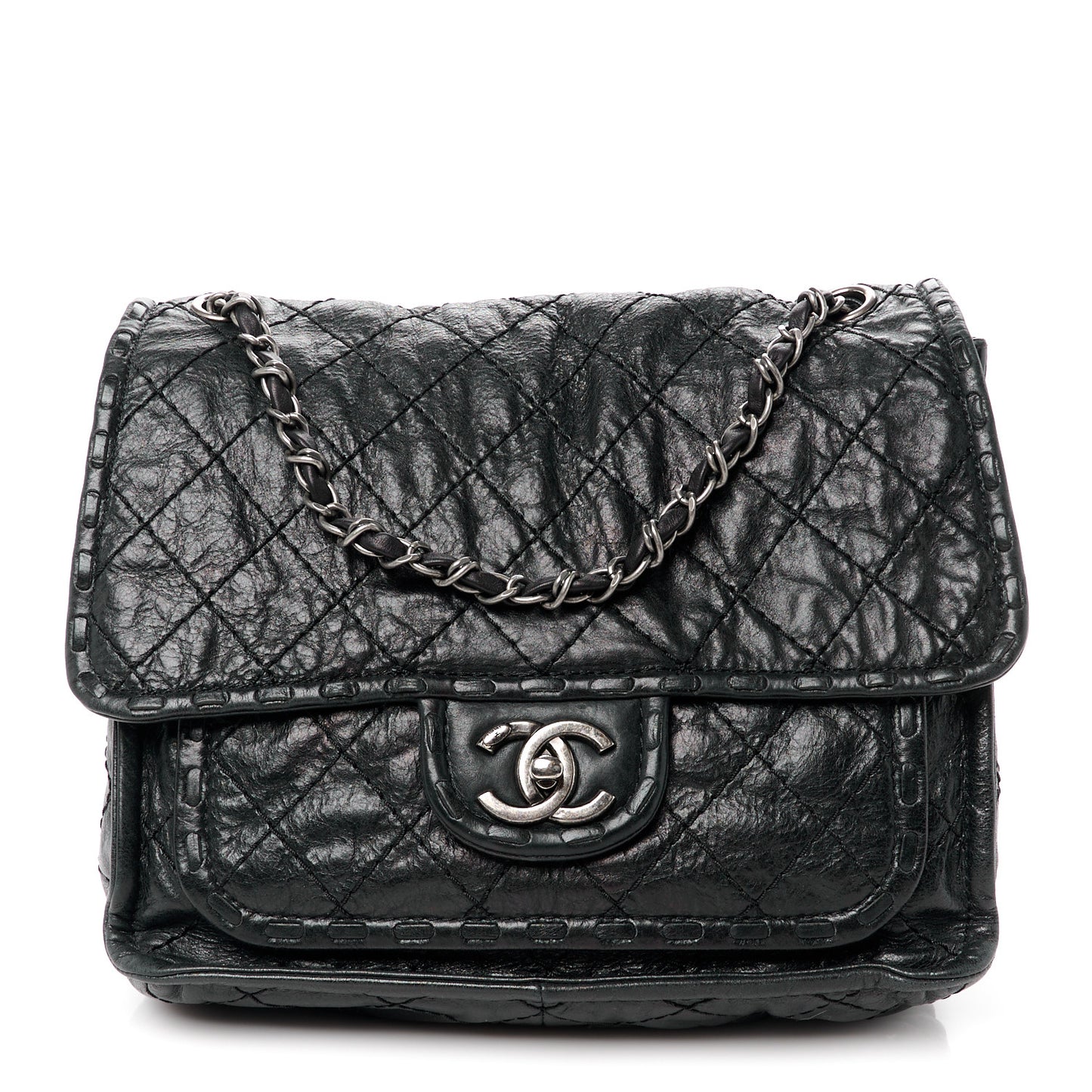 Calfskin Quilted Whipstitch Paris Edinburgh Flap Bag Black