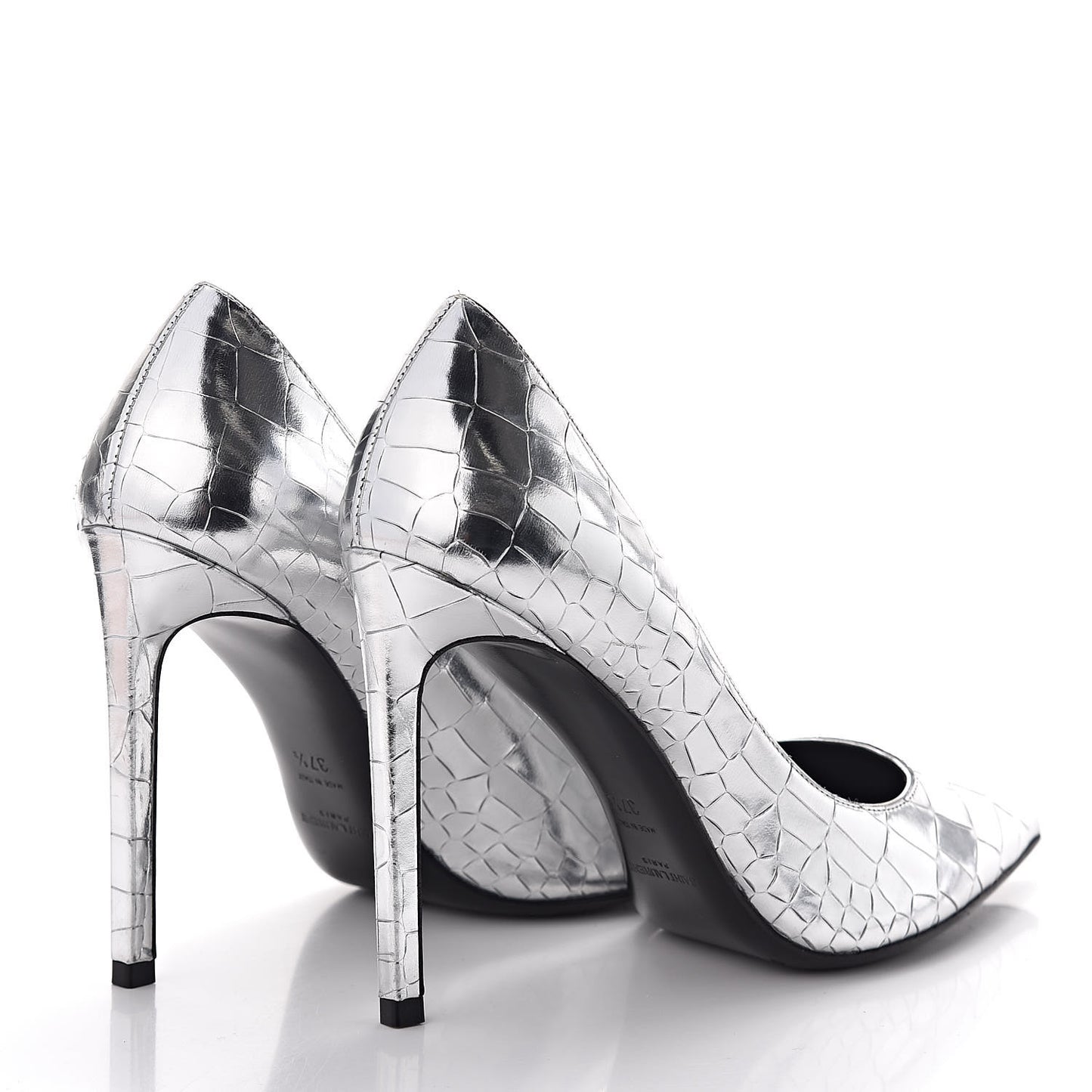 Metallic Calfskin Crocodile Embossed Paris 105 Pumps 37.5 Silver Moon