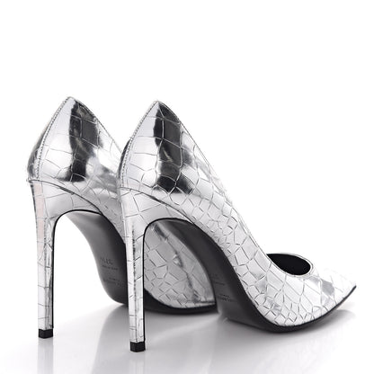 Saint Laurent Metallic Calfskin Crocodile Embossed Paris 105 Pumps 37.5 Silver Moon 4 of 8