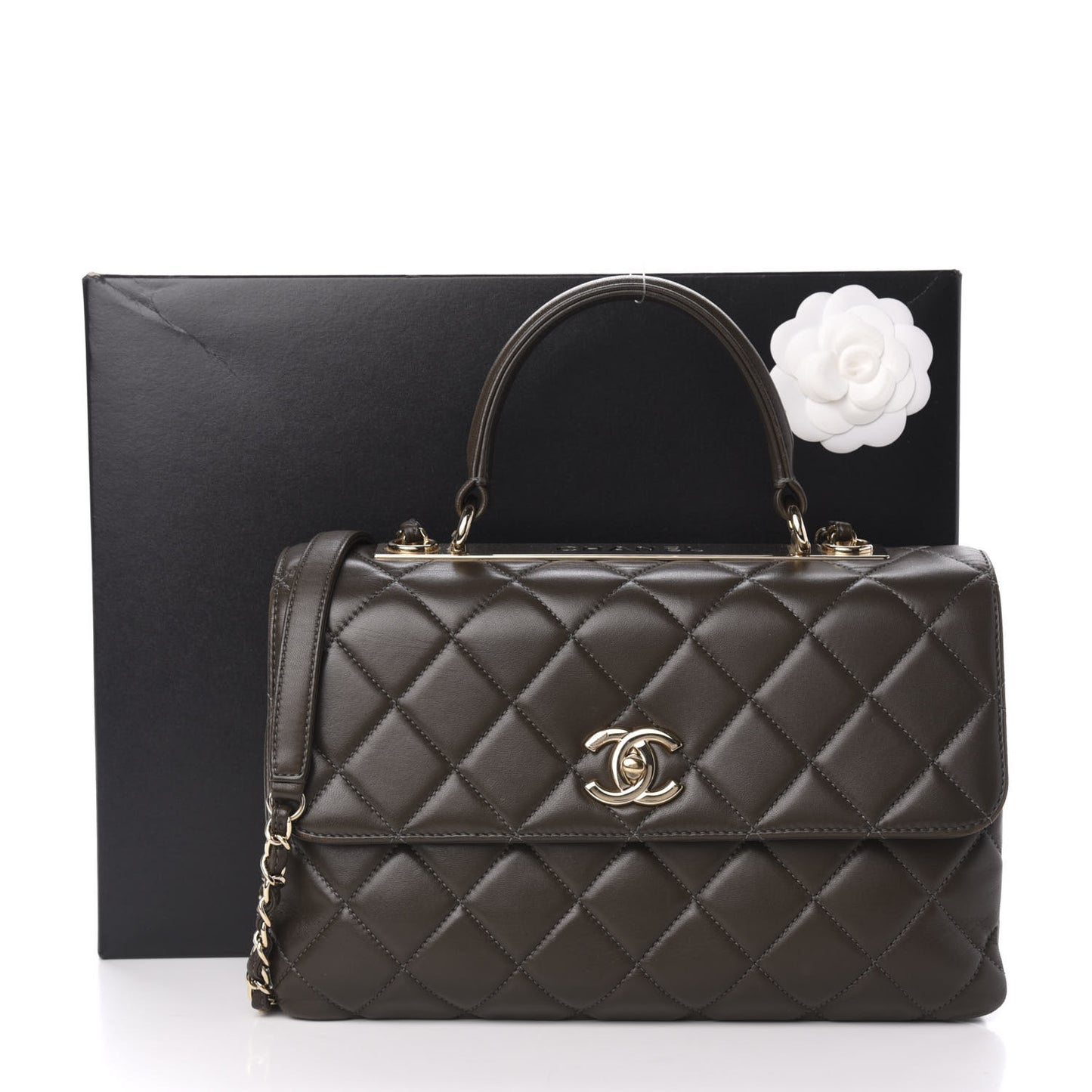 Lambskin Quilted Medium Trendy CC Flap Dual Handle Bag Dark Khaki