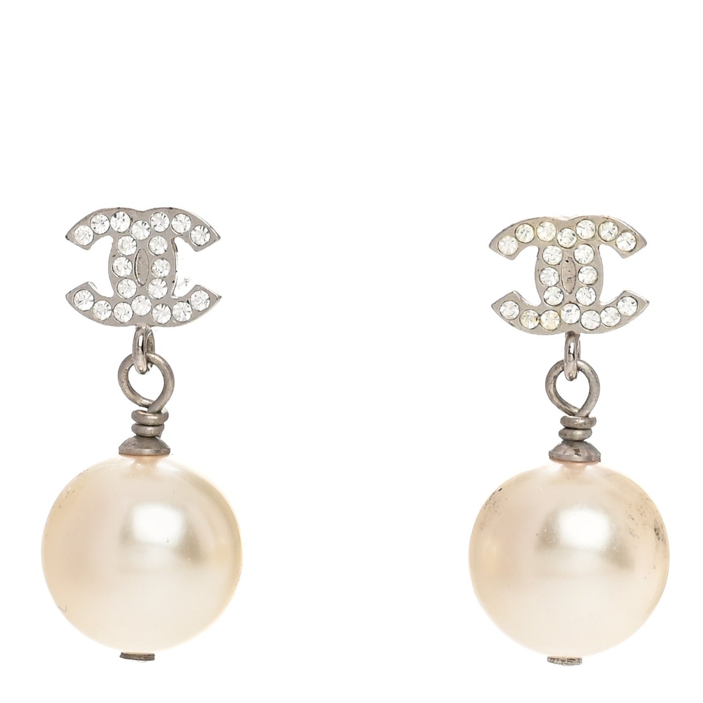 Crystal Pearl CC Drop Earrings Silver Pearly White