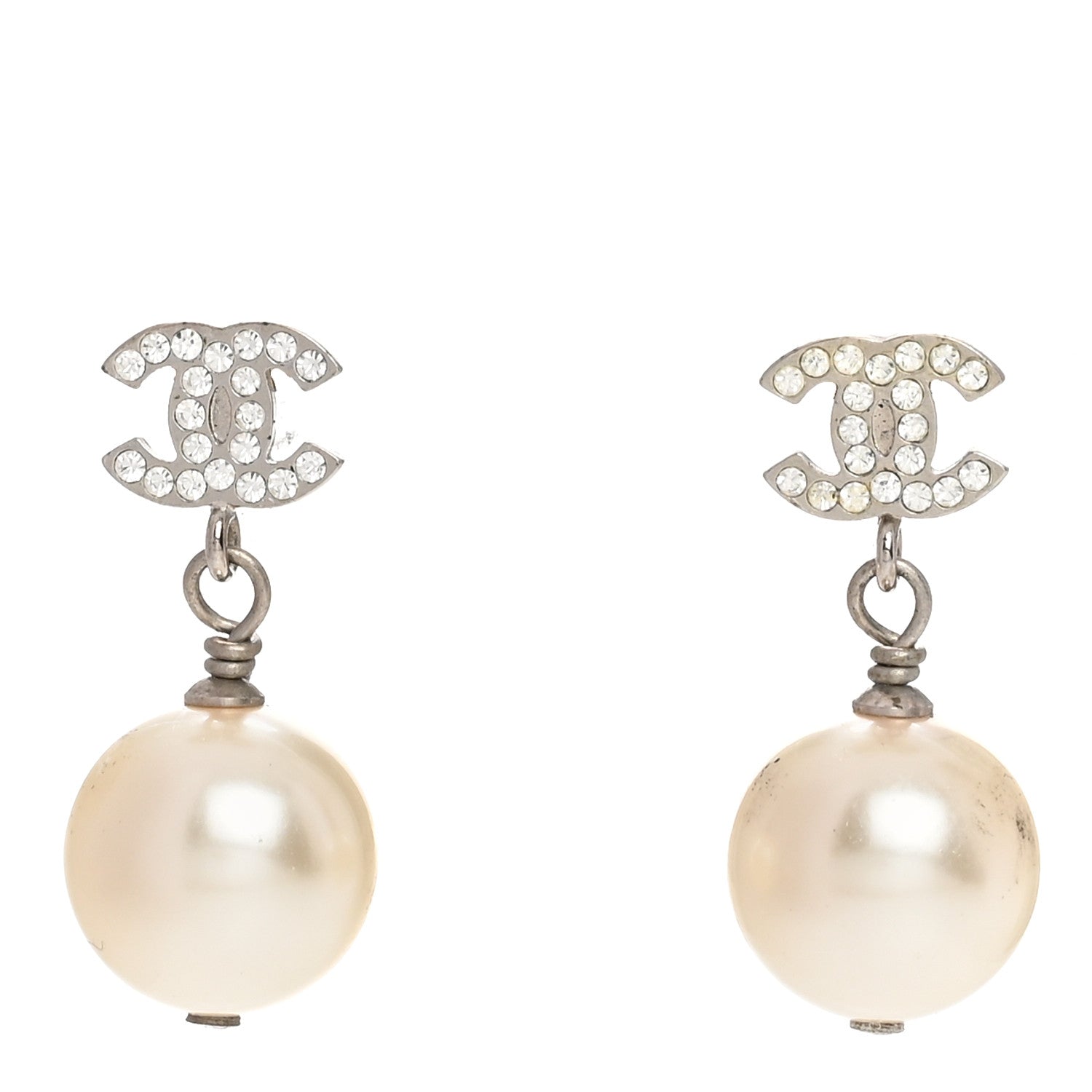 Chanel Crystal Pearl CC Drop Earrings Silver Pearly White 1 of 6