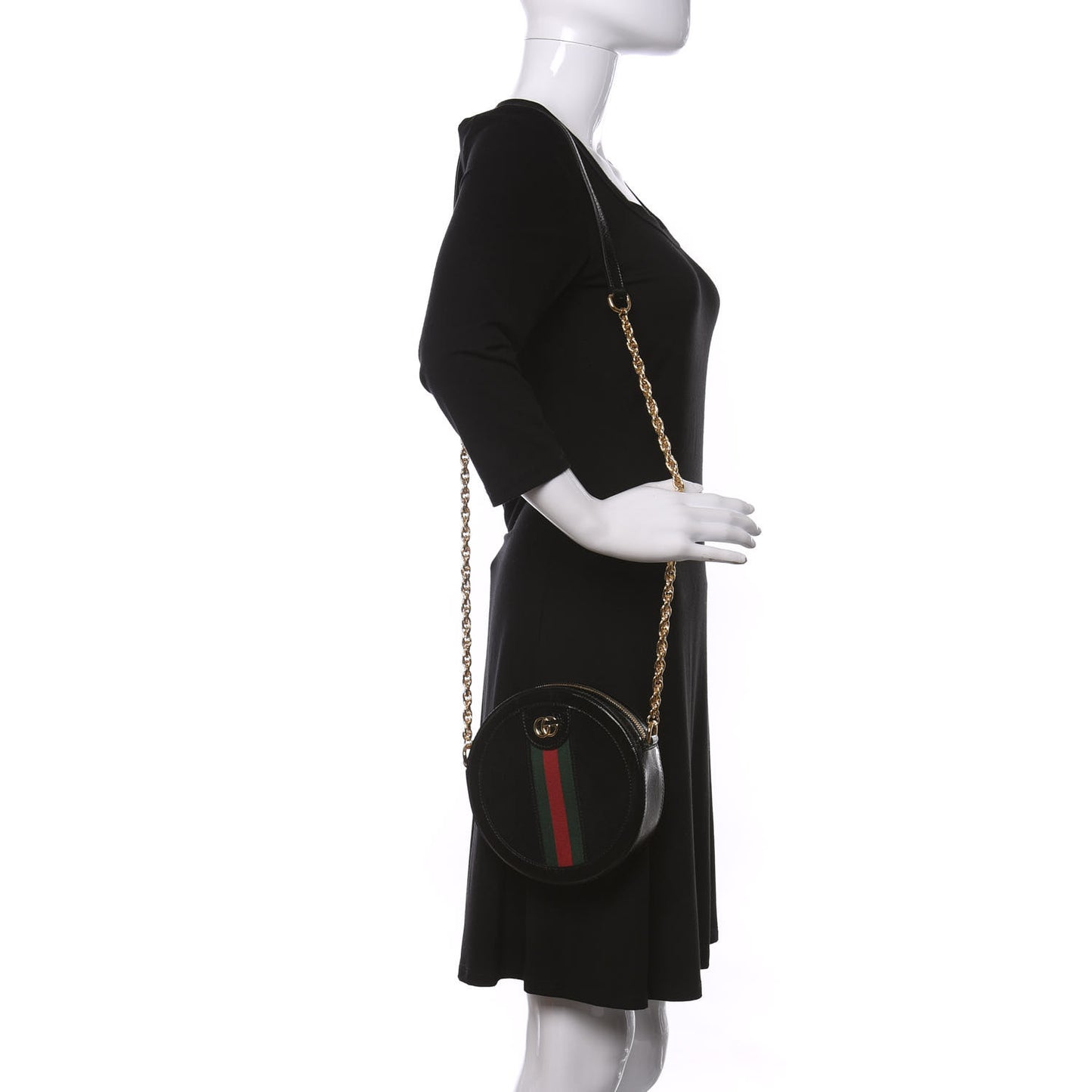Suede Patent Web Mini Ophidia Round Shoulder Bag Black