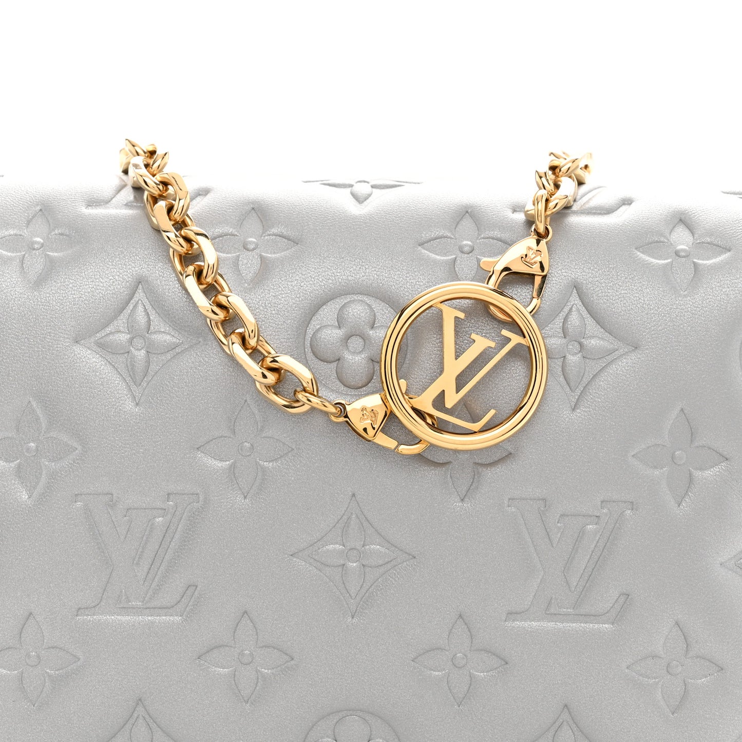 Metallic Lambskin Embossed Monogram Pochette Coussin Silver