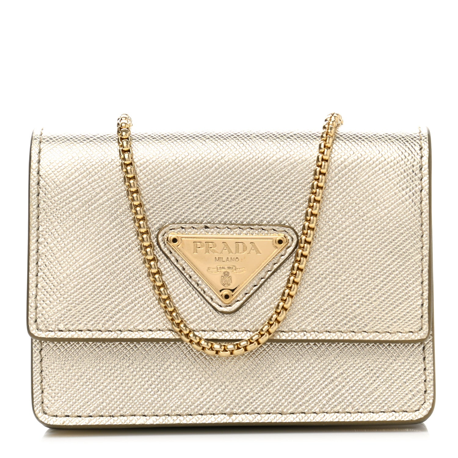 Prada Saffiano Triangle Mini Accordion Chain Wallet Pirite 1 of 7
