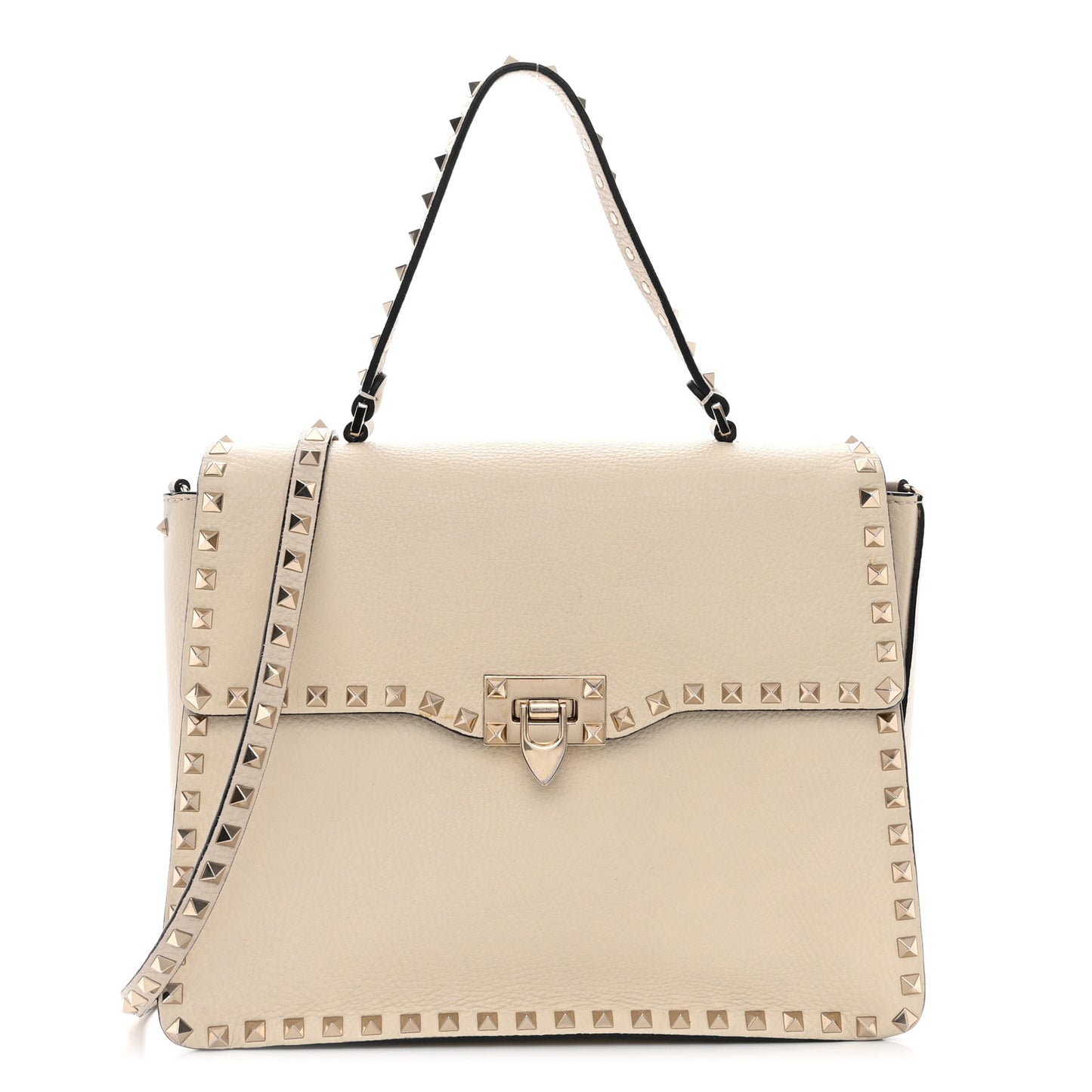 Grained Calfskin Rockstud Top Handle Flap Shoulder Bag Light Ivory