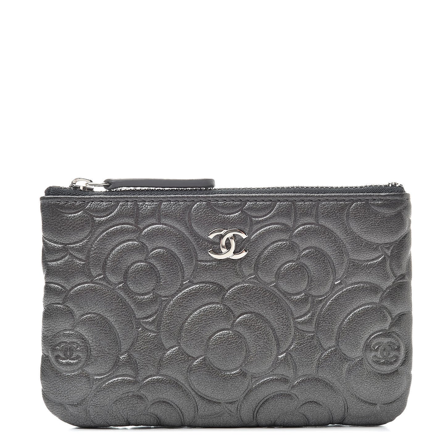 Goatskin Camellia Embossed Cosmetic Pouch Anthracite