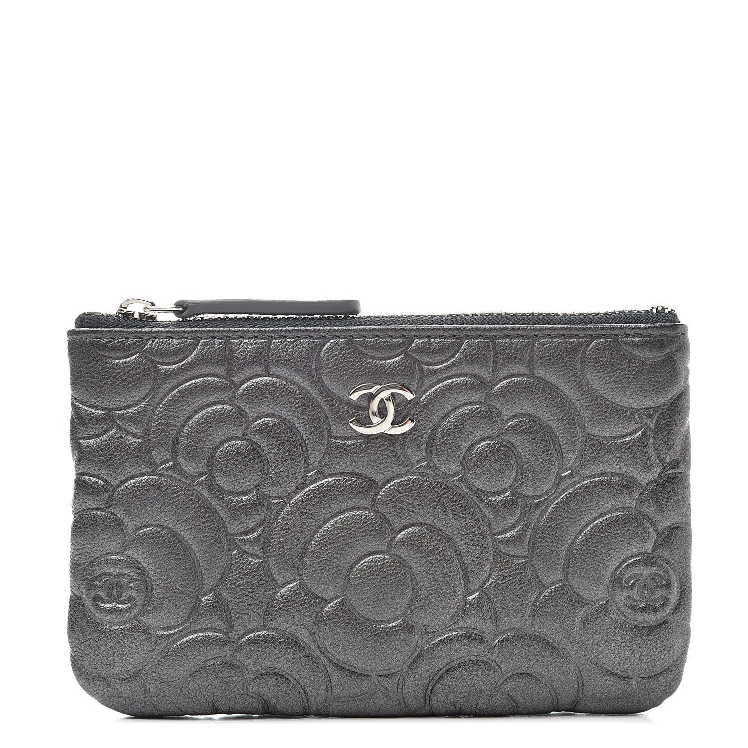 Chanel Goatskin Camellia Embossed Cosmetic Pouch Anthracite 1 of 8