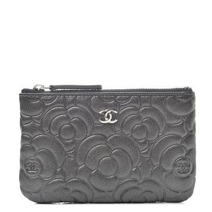 Chanel Goatskin Camellia Embossed Cosmetic Pouch Anthracite 1 of 8