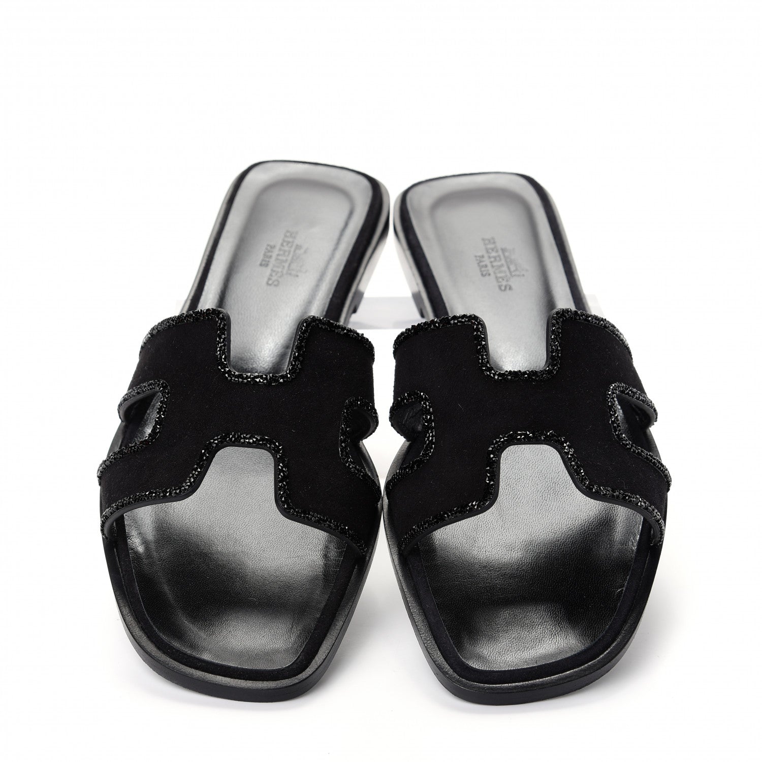 Hermes Suede Goatskin Crystal Oran Sandals 37 Black 5 of 11