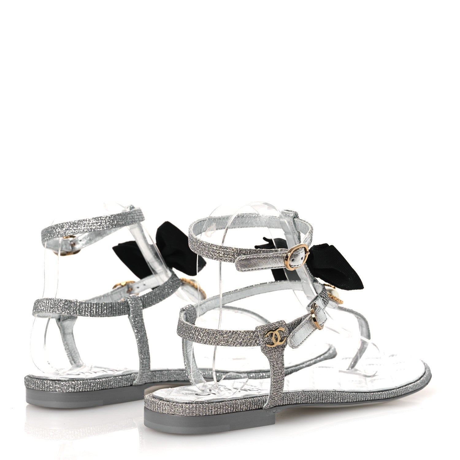 Chanel Fabric Grosgrain Pearl Crystal Thong Sandals 40 Silver Black 5 of 11