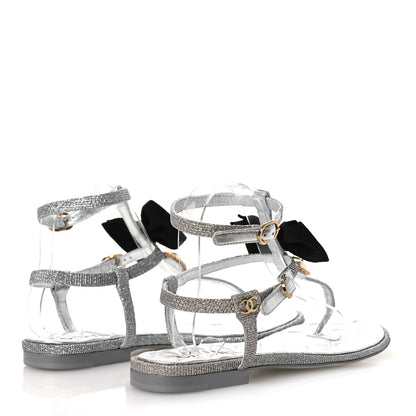 Chanel Fabric Grosgrain Pearl Crystal Thong Sandals 40 Silver Black 5 of 11