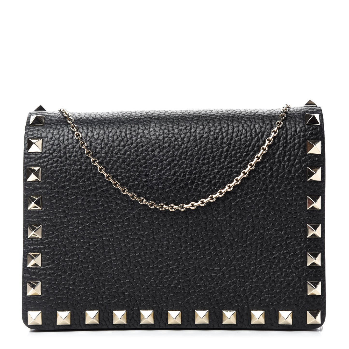 Pebbled Calfskin Rockstud Wallet on Chain Black