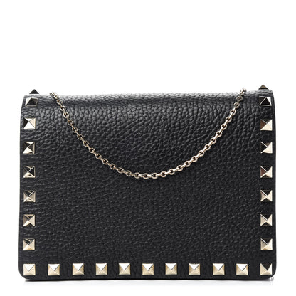 Valentino Garavani Pebbled Calfskin Rockstud Wallet on Chain Black 1 of 11