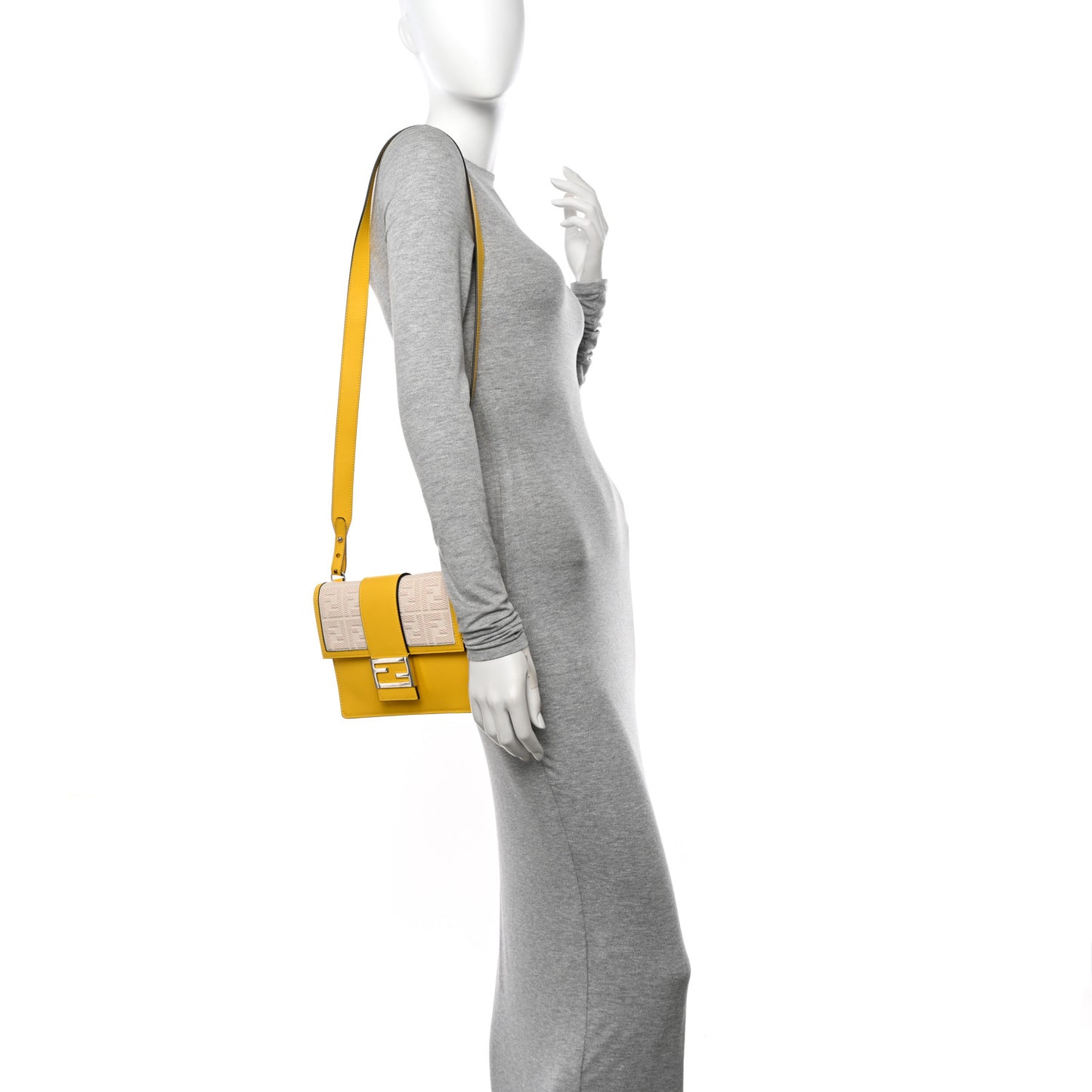 Canvas Vitello King FF Embroidered Medium Flat Baguette Grezzo Limone