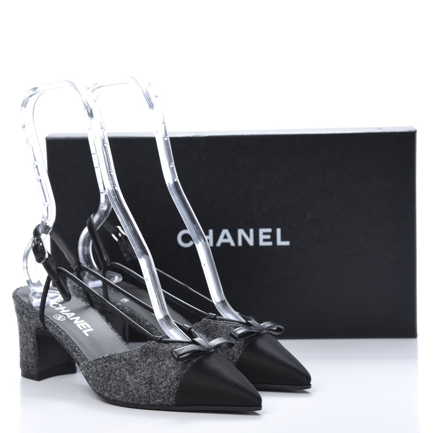 Chanel Tweed Satin Cap Toe CC Slingback Pumps 37.5 Black Grey 8 of 9