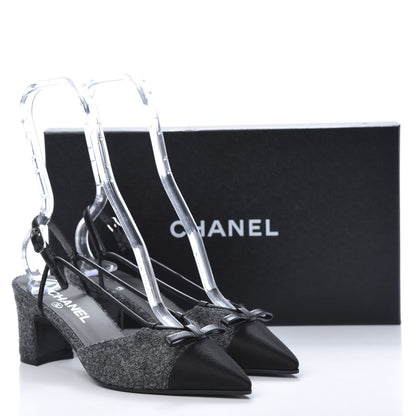 Chanel Tweed Satin Cap Toe CC Slingback Pumps 37.5 Black Grey 8 of 9