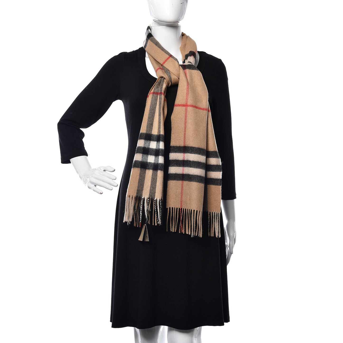 Cashmere Giant Check Fringe Scarf Camel