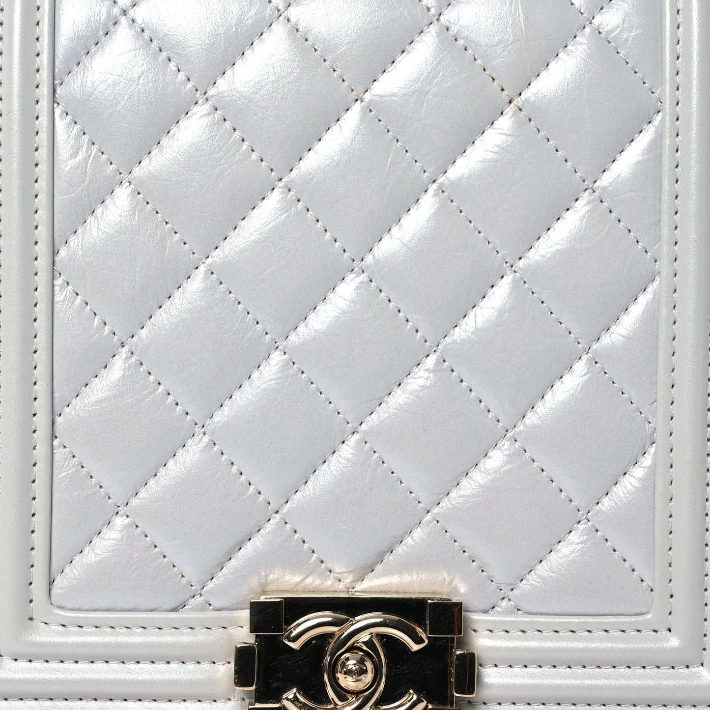 Iridescent Calfskin Quilted North South Boy Flap Light Grey