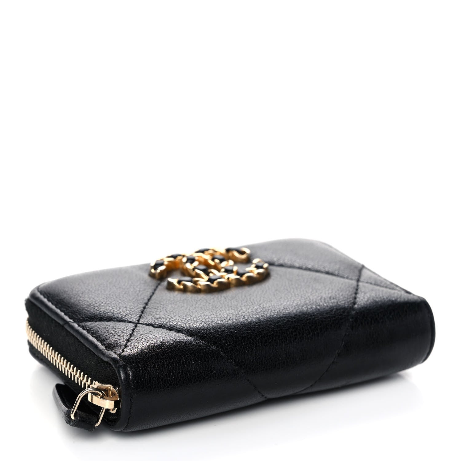 Chanel Shiny Goatskin Quilted Chanel 19 Zip Around Coin Purse Wallet Black 4 of 13