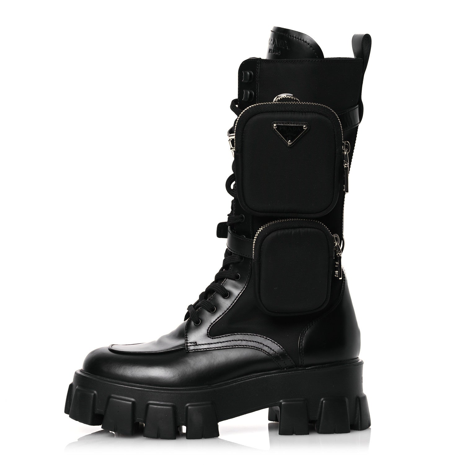 Prada Spazzolato Rois Re-Nylon Metal Triangle Logo Monolith Pouch Pocket 55mm Tall Combat Boots 39 Black 1 of 14