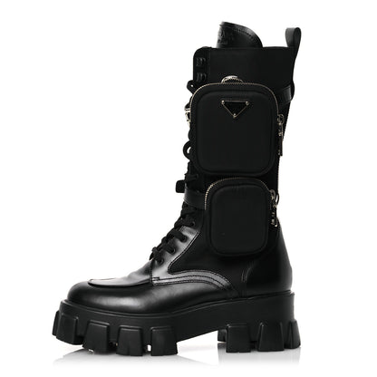 Prada Spazzolato Rois Re-Nylon Metal Triangle Logo Monolith Pouch Pocket 55mm Tall Combat Boots 39 Black 1 of 14