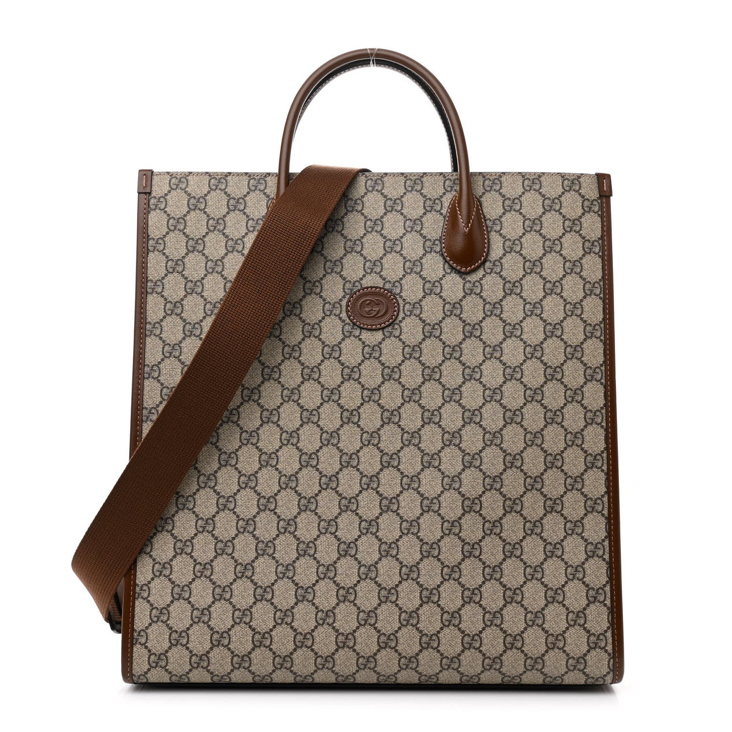 GG Supreme Monogram Textured Dollar Calfskin Web Medium Retro Interlocking G Vertical Tote Bag Beige Ebony Brown Sugar