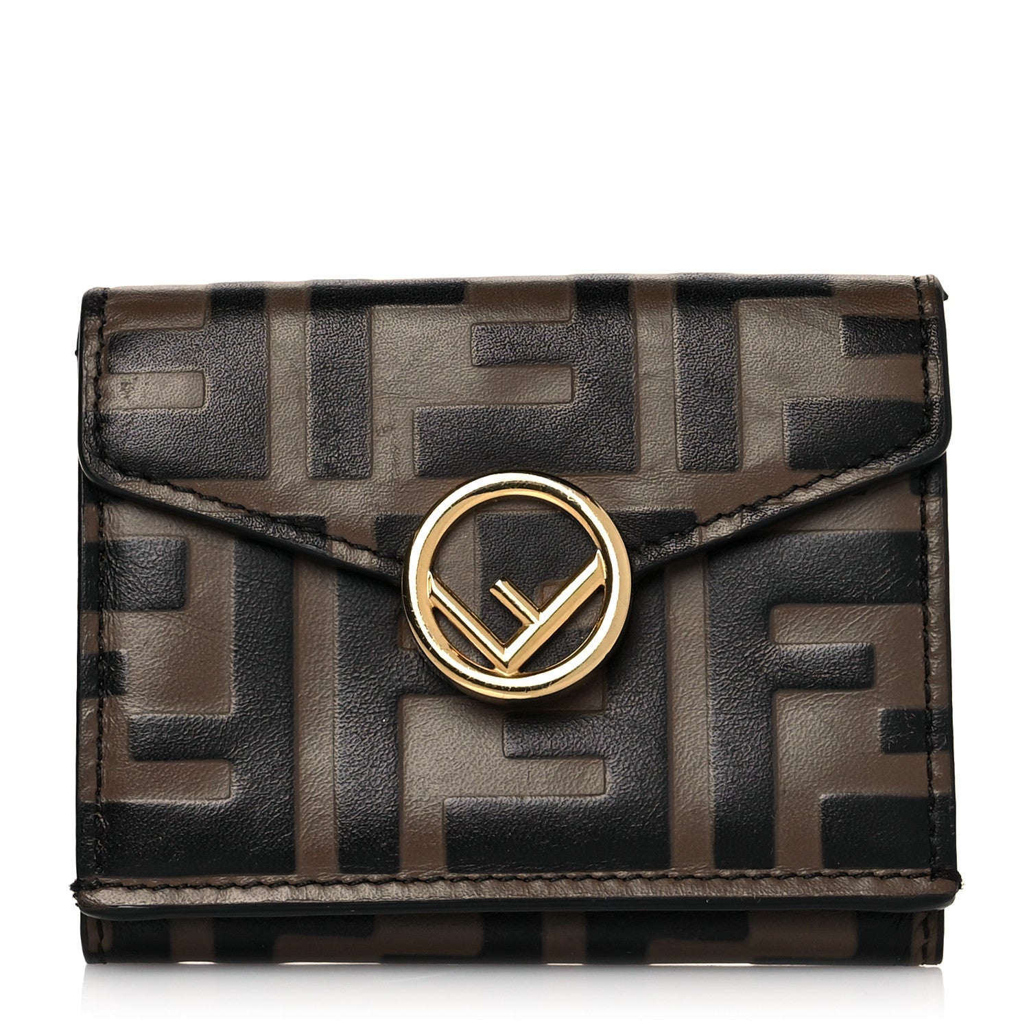 Fendi Vitello Soft F is Fendi Bi-Color FF 1974 Embossed Micro Tri-Fold Envelope Wallet Maya Black 1 of 7