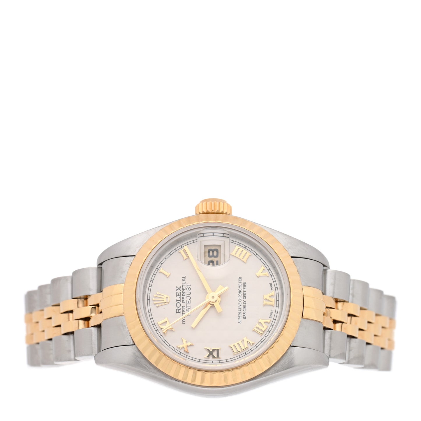 Stainless Steel 18K Yellow Gold 26mm Oyster Perpetual Datejust Watch White Pyramid Roman 79173